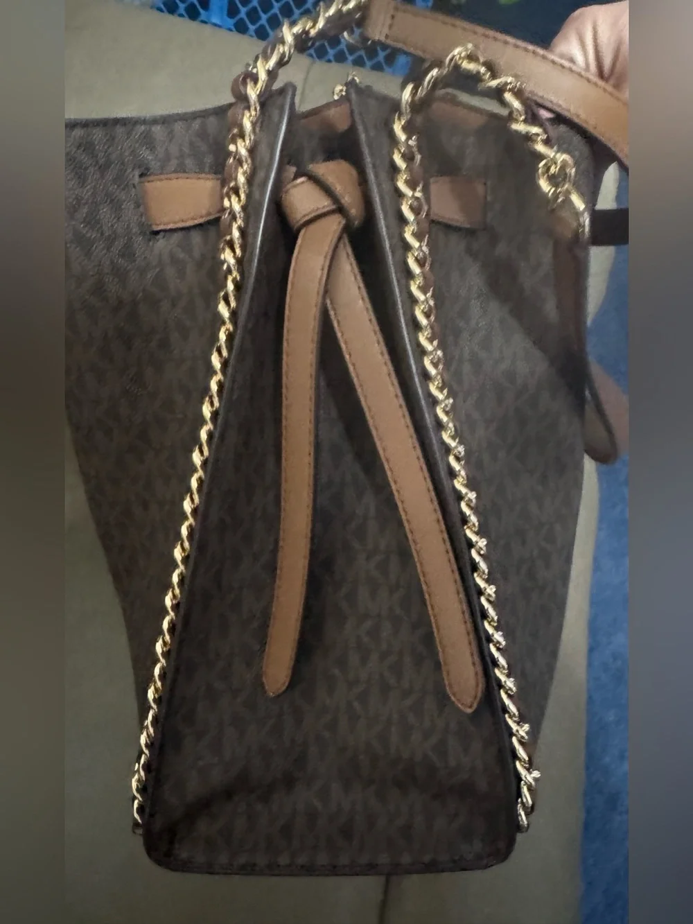 Michael Kors Brown and Tan MK Logo Chain-Trim Large Shoulder Bag